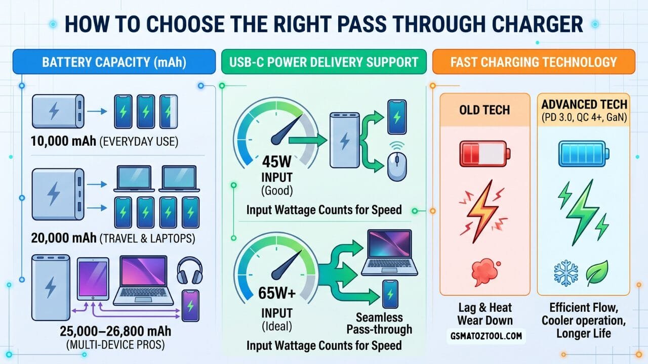 An infographic explaining how to choose the right pass through charger based on three key factors — battery capacity in mah usb-c power delivery input wattage and fast charging technology including pd 3. 0 quick charge 4 plus and gan circuits.