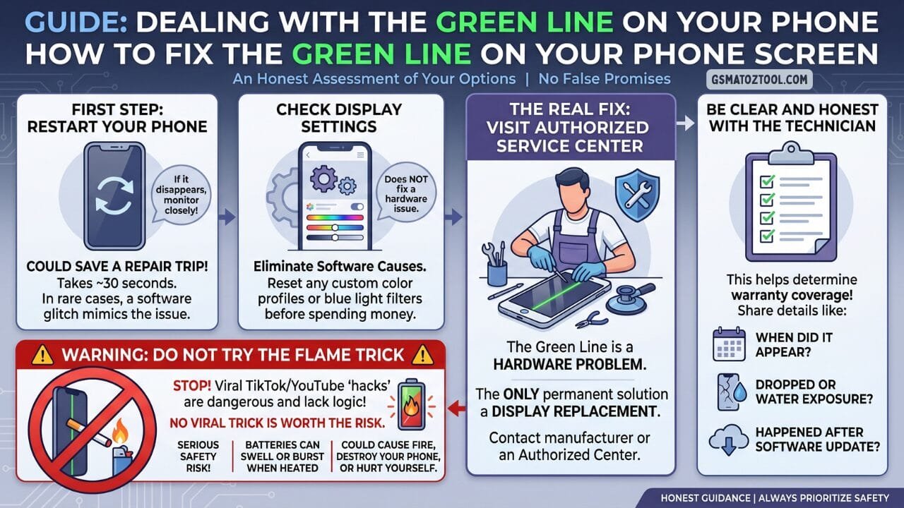 Step by step guide to fix green line on phone screen — restart check settings visit service center avoid flame trick
