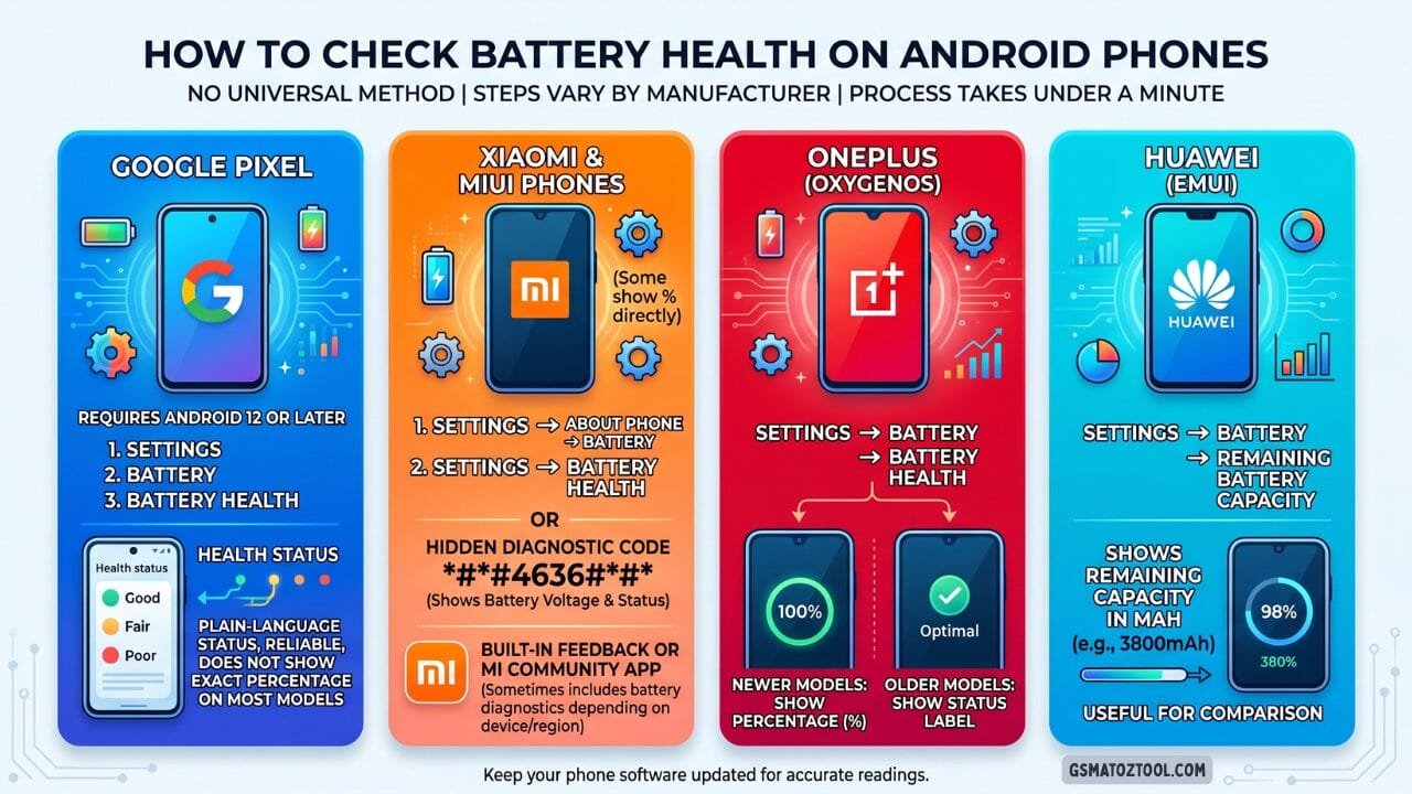How to check phone battery health on android — four methods shown for google pixel xiaomi miui oneplus oxygenos and huawei emui phones with step by step settings paths