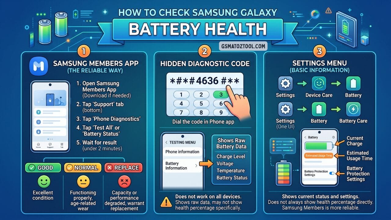 How to check phone battery health (iphone & android) 4 How to check phone battery health on samsung galaxy — three methods shown including samsung members app hidden diagnostic code star hash 4636 and settings menu