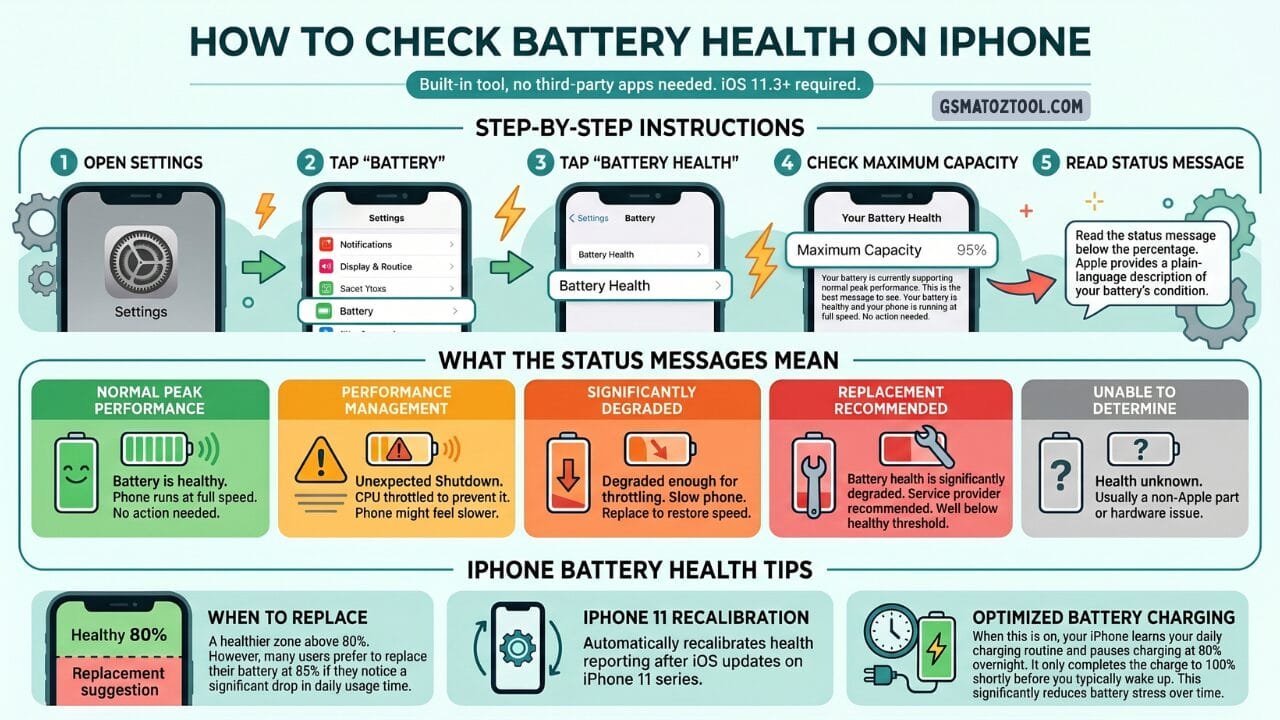 How to check phone battery health (iphone & android) 3 How to check phone battery health on iphone — step by step guide showing settings battery health screen status messages and iphone battery tips