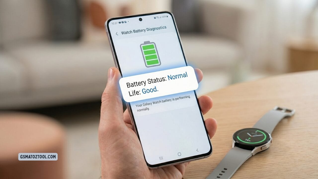 How to check phone battery health (iphone & android) 5 How to check phone battery health on samsung galaxy — battery status screen showing 95% charge life good and status normal result with samsung galaxy watch beside it