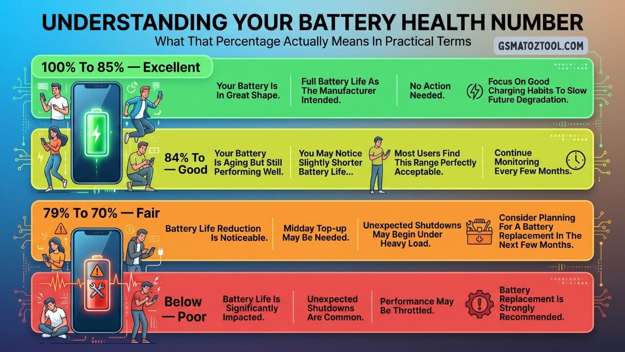 How to check phone battery health (iphone & android) 7 Phone battery health percentage guide — four ranges explained: 100 to 85 percent excellent 84 to 79 percent good 79 to 70 percent fair and below 70 percent poor with replacement recommended