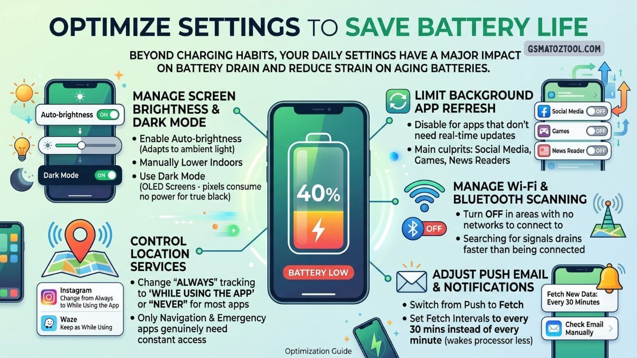 How to check phone battery health (iphone & android) 10 Optimize phone settings to save battery life — five tips including screen brightness and dark mode location services background app refresh wi-fi and bluetooth scanning and push email fetch intervals