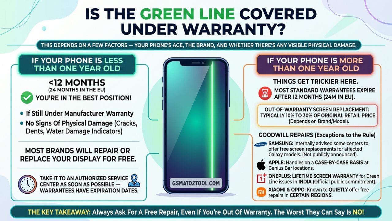 Is green line on phone screen covered under warranty — comparison of under 1 year and over 1 year old phones with brand specific repair policies