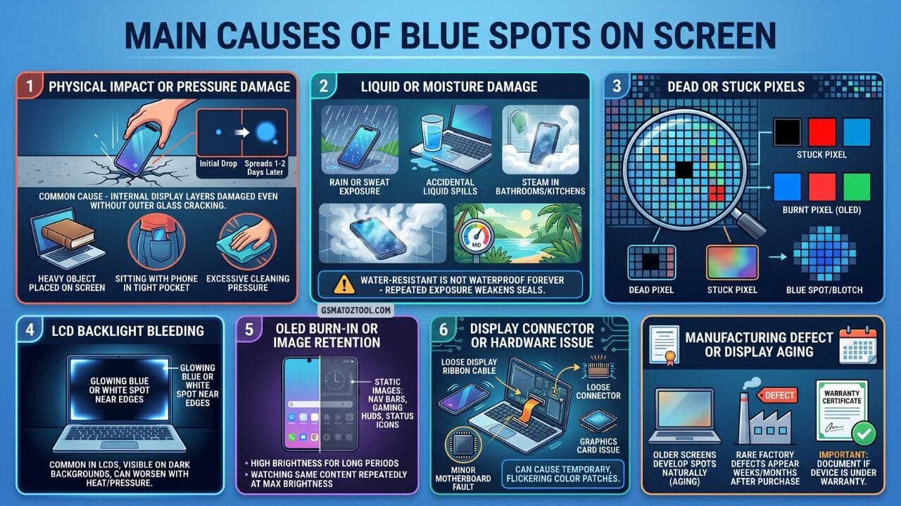 Infographic explaining the main causes of blue spots on phone and laptop screens including physical damage moisture exposure dead pixels lcd backlight bleeding oled burn-in hardware issues and manufacturing defects.