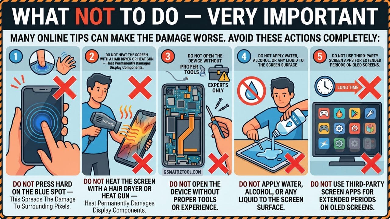 An infographic listing 5 things to avoid when dealing with blue spots on a phone or oled screen: pressing hard on the spot using a hair dryer or heat gun opening the device without proper tools applying water or liquid and using third-party screen apps for extended periods.
