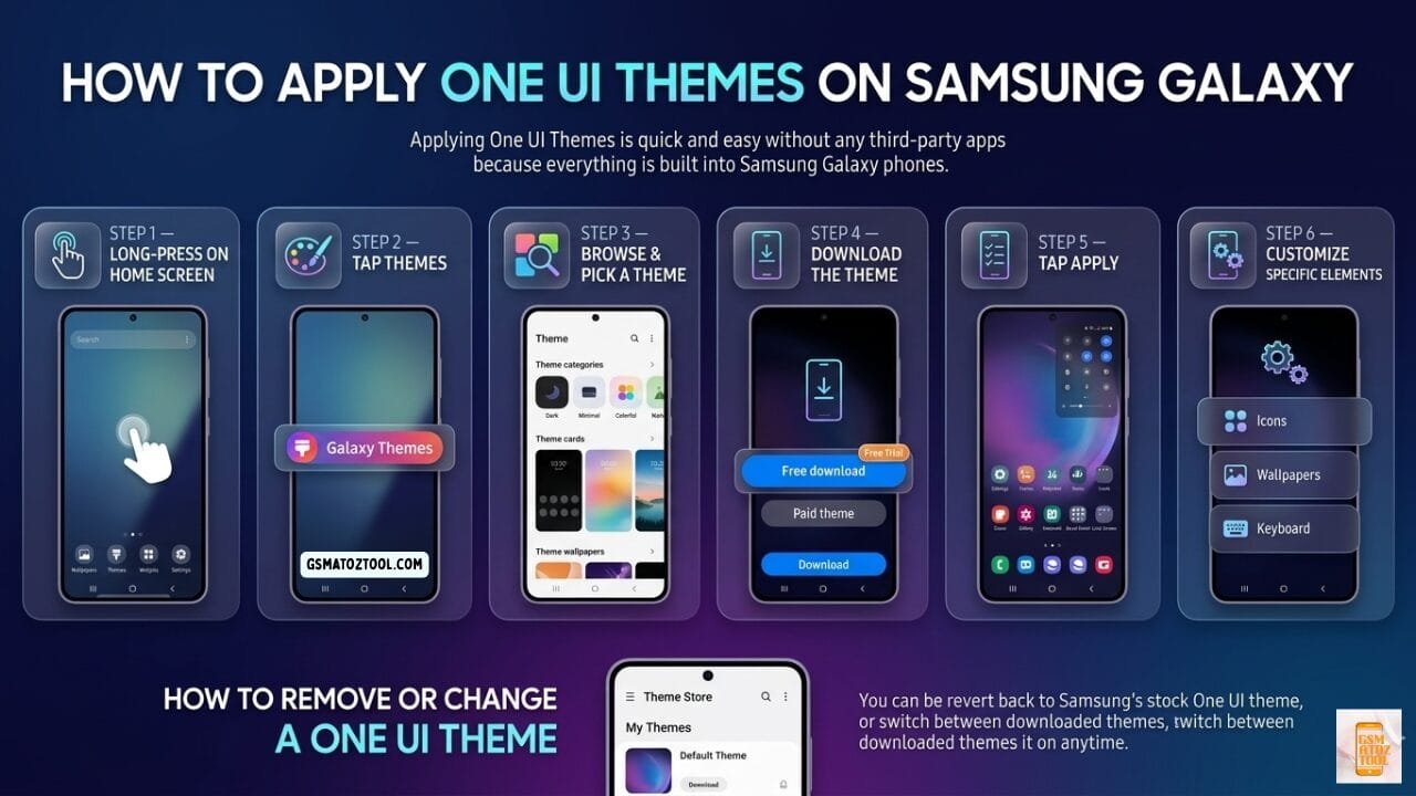 How to apply one ui themes on samsung galaxy - 6 step infographic showing long-press home screen tap themes browse download apply and customize icons wallpaper keyboard