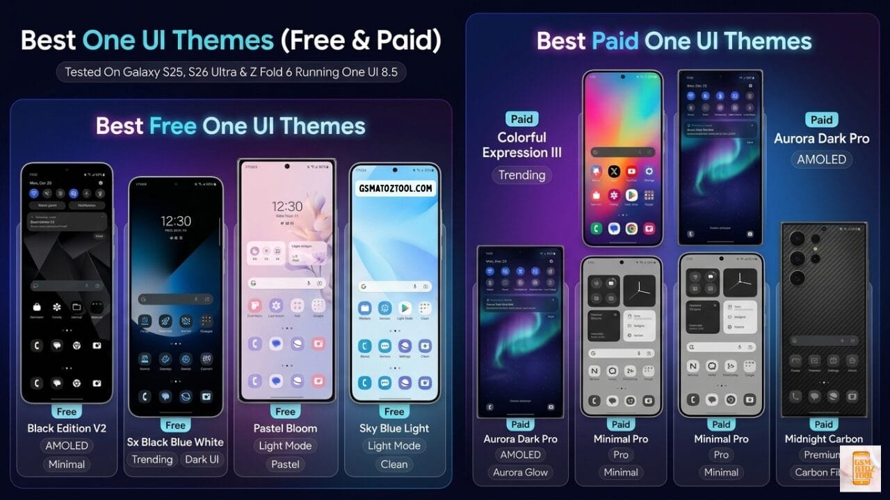 Best one ui themes free and paid for samsung galaxy - showing black edition v2 sx black blue white pastel bloom sky blue light colorful expression iii aurora dark pro minimal pro and midnight carbon themes tested on galaxy s25 s26 ultra z fold 6 one ui 8. 5