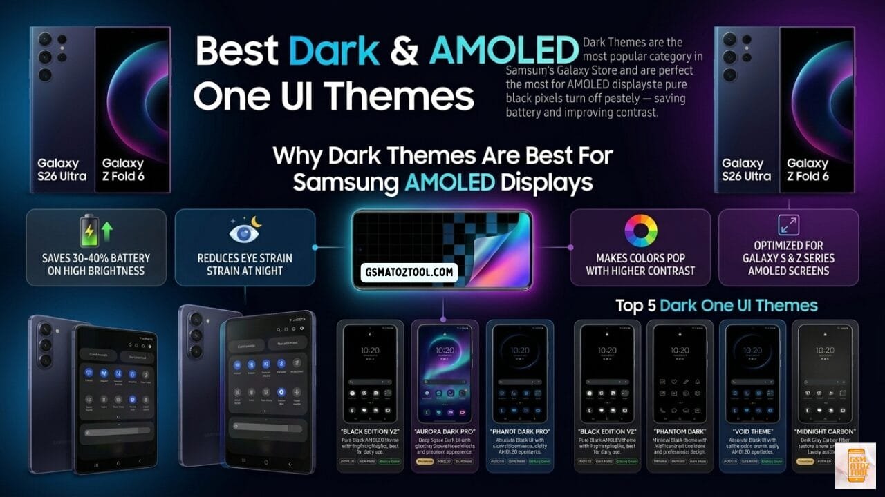 Best dark and amoled one ui themes for samsung galaxy - infographic showing why dark themes save 30-40% battery reduce eye strain and top 5 dark themes including black edition v2 aurora dark pro phantom dark pro void theme and midnight carbon on galaxy s26 ultra and z fold 6