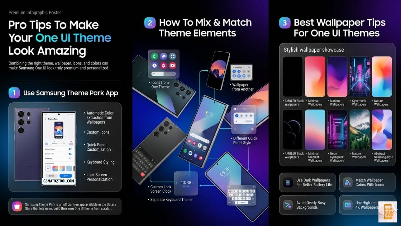 Pro tips to make one ui theme look amazing infographic - showing samsung theme park app with automatic color extraction how to mix and match theme elements like icons wallpaper quick panel keyboard lock screen and best wallpaper tips including amoled black minimal cyberpunk nature and abstract samsung-style wallpapers