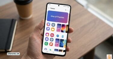 Hand holding samsung galaxy phone showing one ui themes section in galaxy theme store with colorful app icons and theme wallpapers on wooden desk background