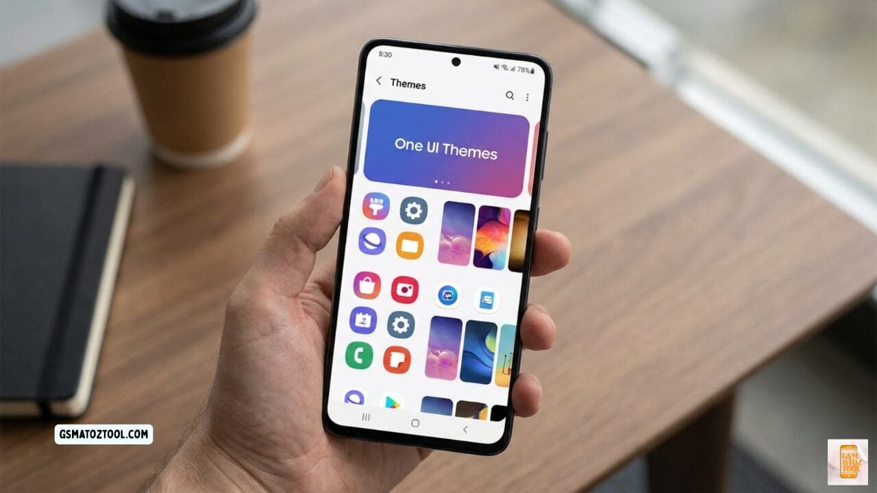 Hand holding samsung galaxy phone showing one ui themes section in galaxy theme store with colorful app icons and theme wallpapers on wooden desk background