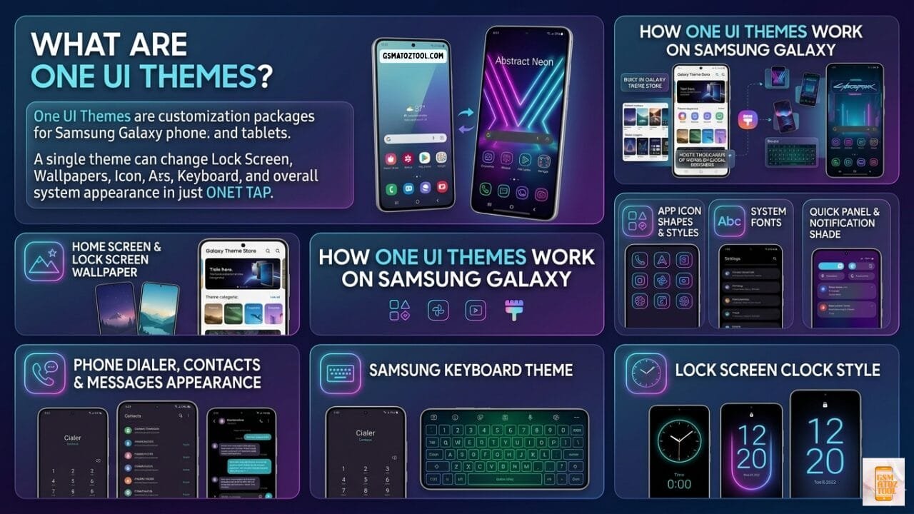 What are one ui themes - samsung galaxy customization infographic showing home screen lock screen keyboard icon styles and quick panel theming