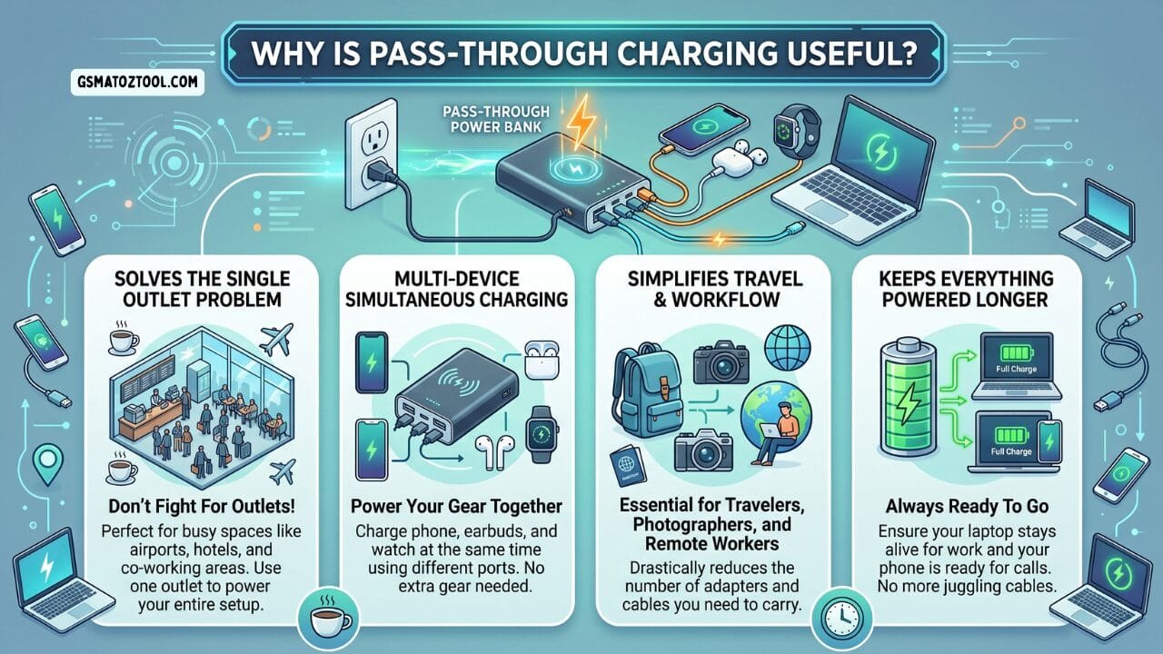 An infographic showing four key benefits of pass-through charging — solving the single outlet problem multi-device simultaneous charging simplifying travel and workflow and keeping devices powered longer.
