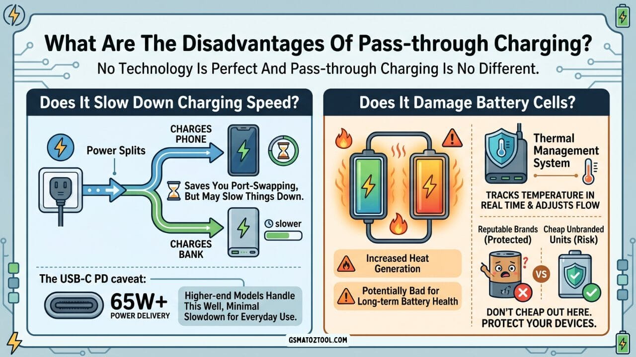 An infographic explaining the two main disadvantages of pass-through charging — slower charging speed due to power splitting between devices and increased heat generation that can affect long-term battery cell health.