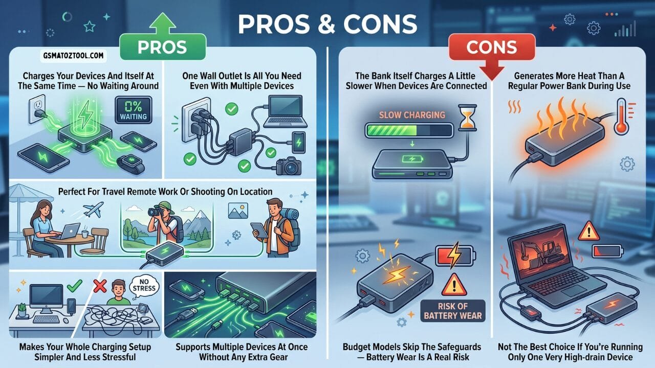A pros and cons infographic for pass-through charging showing four advantages including simultaneous device charging and single outlet use alongside four disadvantages including slower self-charge speed and increased heat generation.