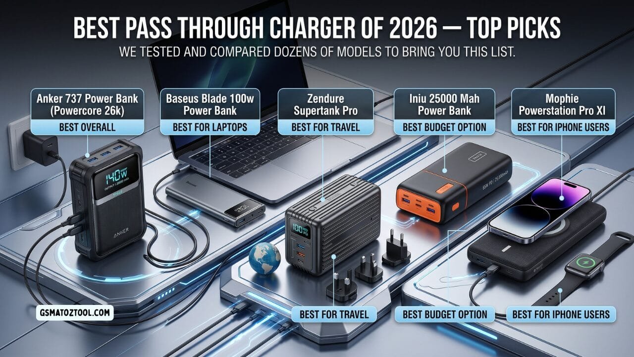 A product comparison infographic showing the best pass through charger of 2026 top picks including anker 737 powercore 26k baseus blade 100w zendure supertank pro iniu 25000 mah and mophie powerstation pro xl arranged side by side with their category labels.