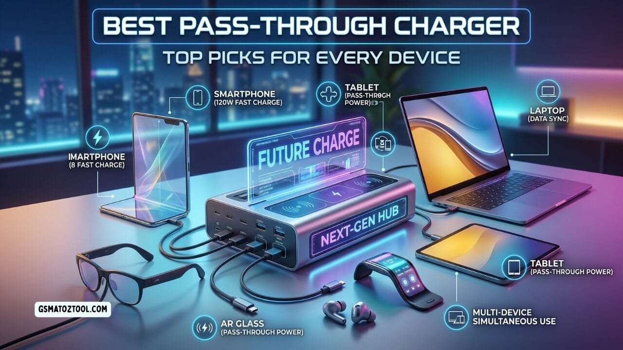 A futuristic next-gen hub pass through charger simultaneously powering multiple devices including smartphones tablets a laptop smartwatch ar glasses and wireless earbuds through pass-through charging technology.