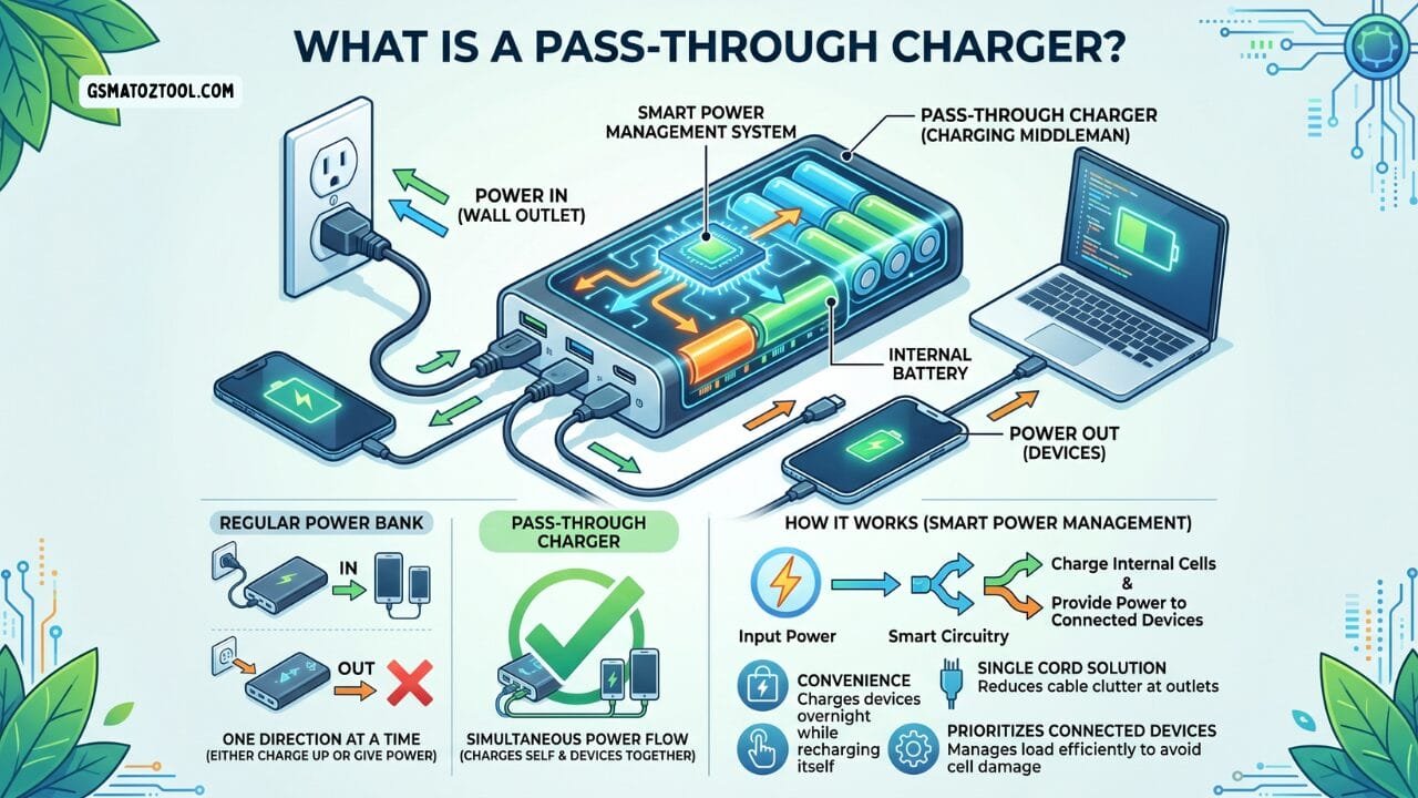 A detailed infographic explaining what a pass through charger is showing power flow from a wall outlet through a smart power management system to charge both internal batteries and connected devices simultaneously.