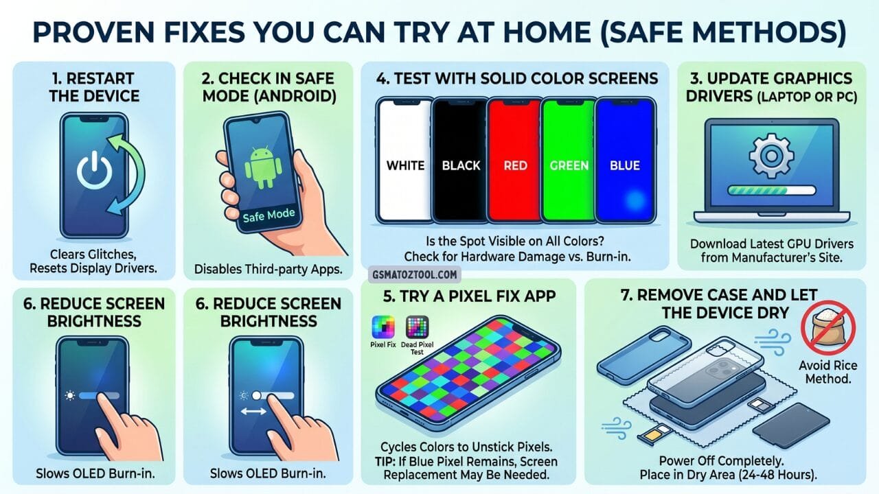 Infographic showing safe home methods to fix blue spots on phone laptop and monitor screens including restarting the device safe mode testing updating drivers pixel fix apps and drying moisture damage.