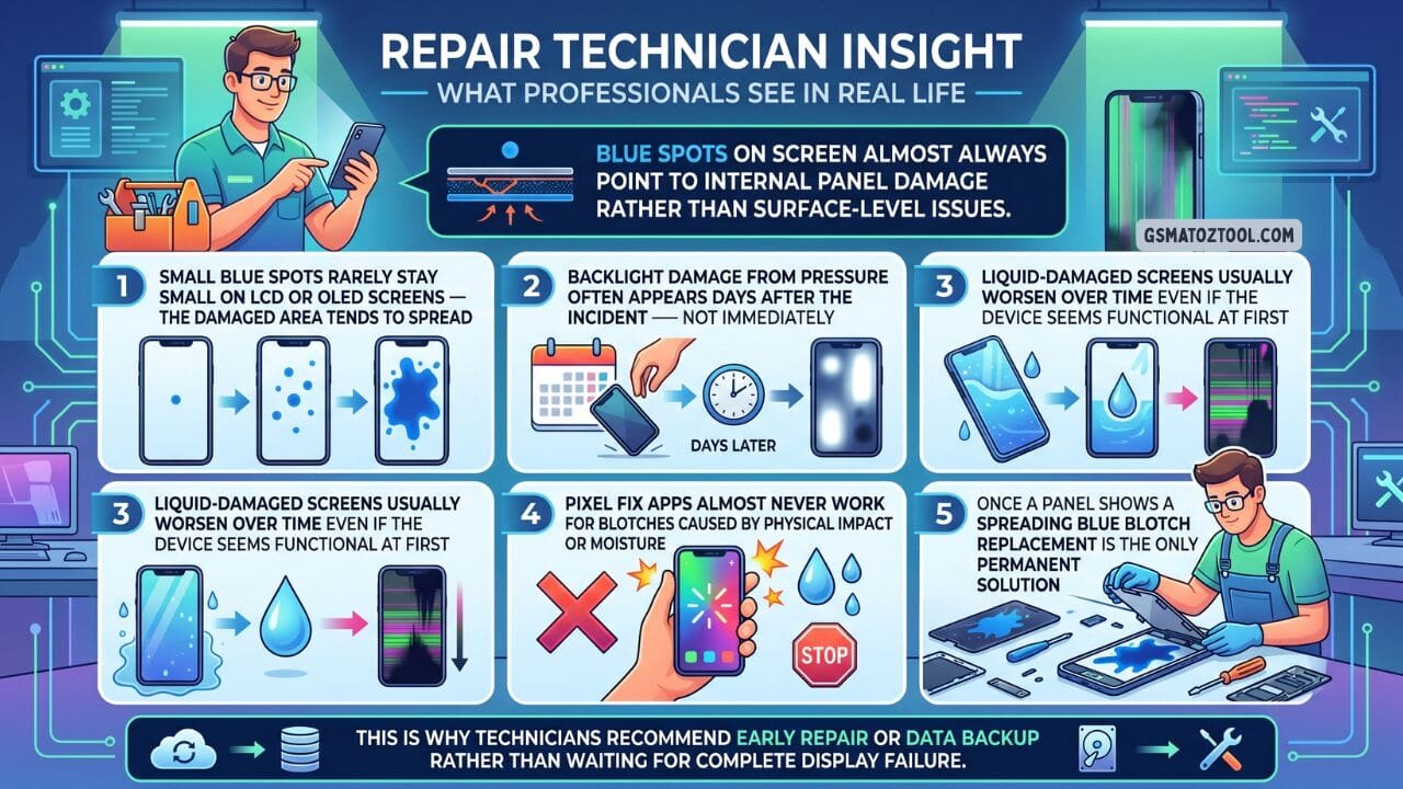 An infographic from gsmatoztool. Com sharing five real-world technician insights about blue spots on phone screens covering how damage spreads delayed backlight symptoms liquid damage progression the ineffectiveness of pixel fix apps and why panel replacement is the only permanent fix.