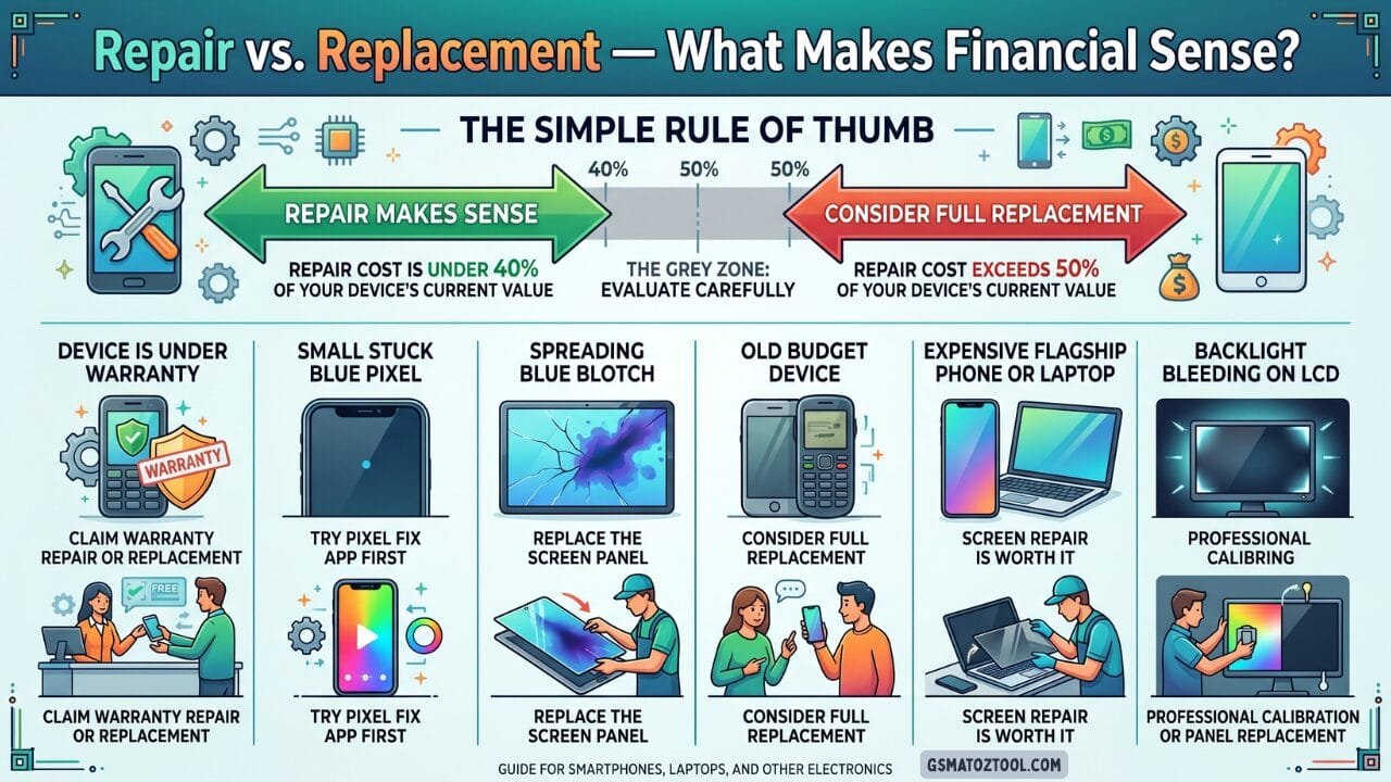 An infographic from gsmatoztool. Com comparing when to repair versus replace a device featuring a rule of thumb based on repair cost percentages and six scenario-based recommendations for smartphones laptops and other electronics.