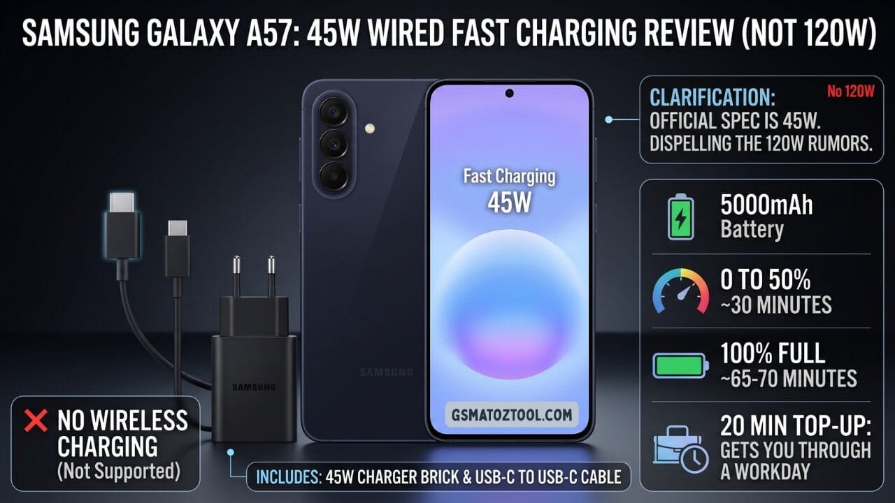 Samsung galaxy a57 review worth the price or just overhyped? 16 Samsung galaxy a57 45w wired fast charging review infographic clarifying no 120w support, showing 5000mah battery charging from 0 to 50 percent in 30 minutes and 100 percent in 65 to 70 minutes, 20-minute top-up gets through a workday, no wireless charging supported, and box includes 45w charger brick and usb-c to usb-c cable