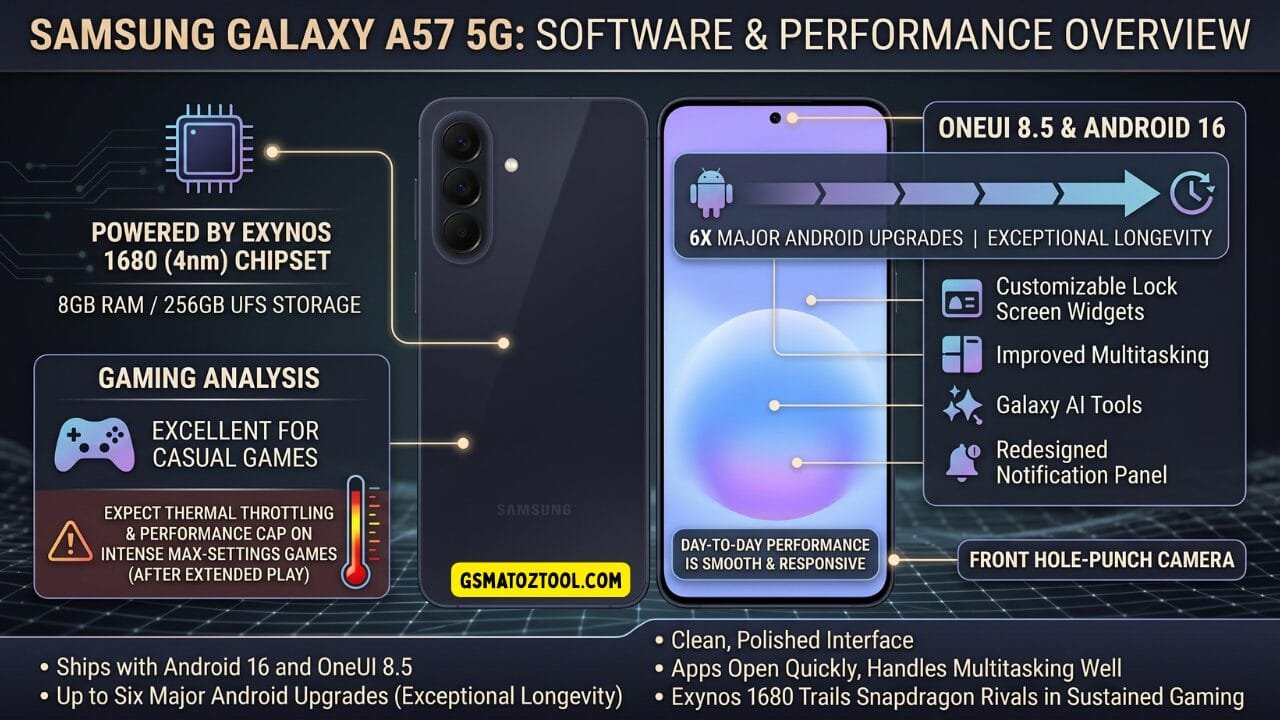 Samsung galaxy a57 review worth the price or just overhyped? 5 Samsung galaxy a57 5g software and performance infographic showing exynos 1680 4nm chipset with 8gb ram and 256gb ufs storage oneui 8. 5 on android 16 with 6 major android upgrades galaxy ai tools customizable lock screen widgets improved multitasking redesigned notification panel casual gaming capability with thermal throttling warning on max-settings games and smooth day-to-day performance