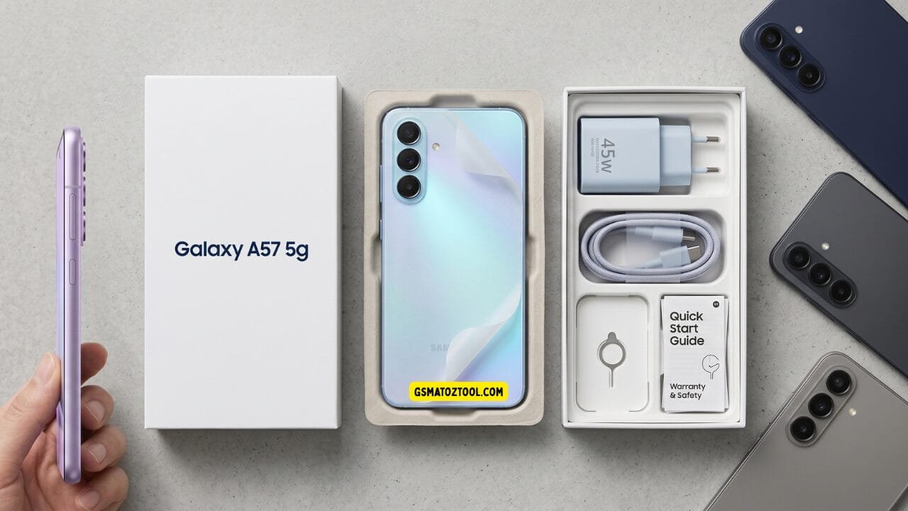 Samsung galaxy a57 review worth the price or just overhyped? 2 Samsung galaxy a57 5g unboxing showing the phone in icyblue color retail box 45w charger usb-c cable sim ejector tool and quick start guide