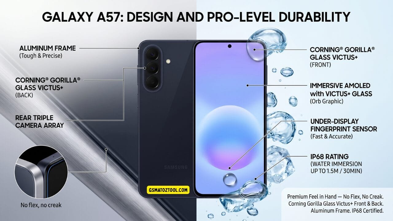 Samsung galaxy a57 review worth the price or just overhyped? 3 Samsung galaxy a57 design infographic highlighting aluminum frame corning gorilla glass victus+ front and back rear triple camera array under-display fingerprint sensor amoled display and ip68 water resistance rating