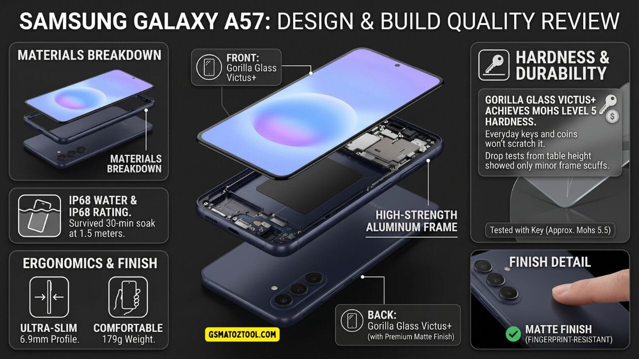 Samsung galaxy a57 review worth the price or just overhyped? 8 Samsung galaxy a57 design and build quality review infographic showing exploded view with gorilla glass victus+ front and back high-strength aluminum frame ip68 water resistance surviving 30 minutes at 1. 5 meters mohs level 5 hardness ultra-slim 6. 9mm profile 179g weight and fingerprint-resistant matte finish