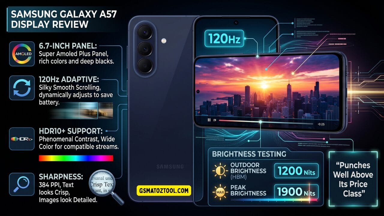 Samsung galaxy a57 review worth the price or just overhyped? 9 Samsung galaxy a57 display review infographic showing 6. 7-inch super amoled plus panel with 120hz adaptive refresh rate hdr10+ support 384 ppi sharpness 1200 nits outdoor hbm brightness and 1900 nits peak brightness with a vivid cityscape sunset sample on screen