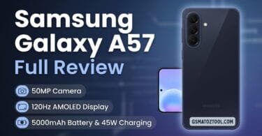 Samsung galaxy a57 full review thumbnail showing the phone in navy color from rear and front angles with key specs highlighted including 50mp camera 120hz amoled display and 5000mah battery with 45w charging