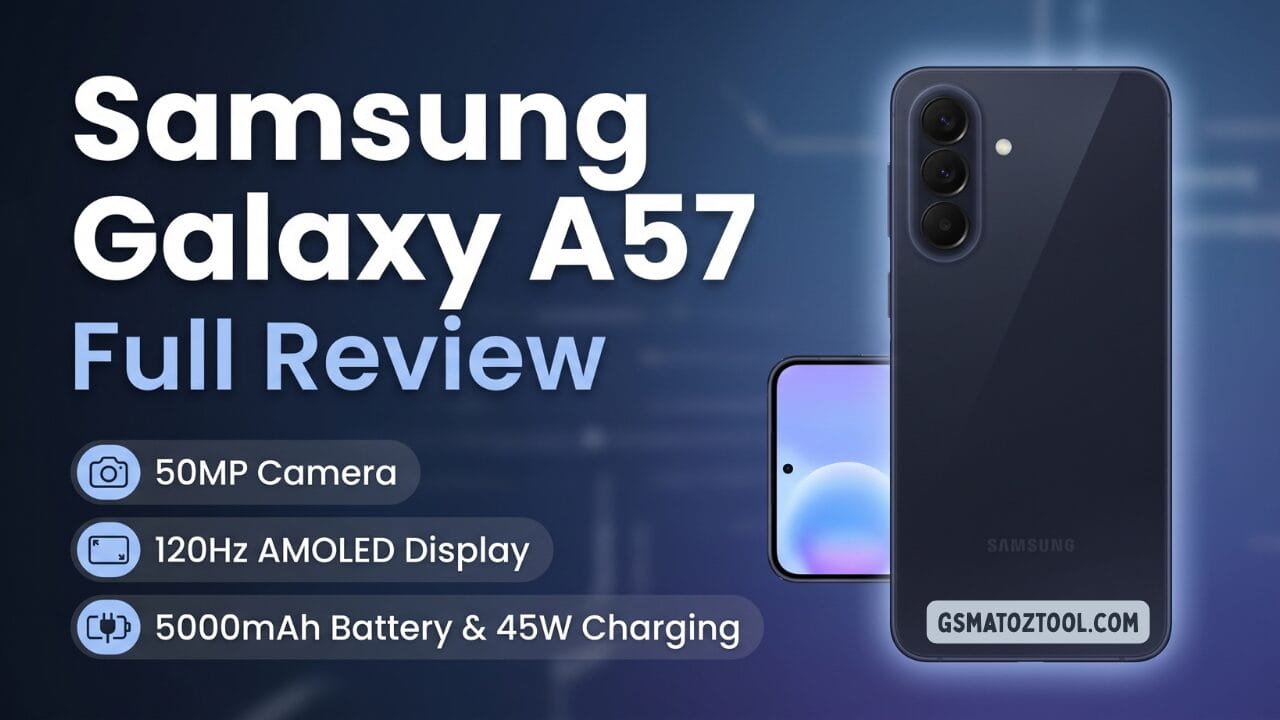 Samsung galaxy a57 review worth the price or just overhyped? 1 Samsung galaxy a57 full review thumbnail showing the phone in navy color from rear and front angles with key specs highlighted including 50mp camera 120hz amoled display and 5000mah battery with 45w charging