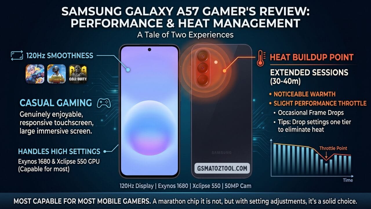 Samsung galaxy a57 review worth the price or just overhyped? 17 Samsung galaxy a57 gaming review infographic showing 120hz smooth display for casual gaming with mobile legends pubg mobile and call of duty mobile exynos 1680 and xclipse 550 gpu handling high settings heat buildup around camera module after 30 to 40 minutes of extended sessions causing slight performance throttle and occasional frame drops with a throttle point graph showing performance decline over time and a tip to drop graphics settings one tier to eliminate heat