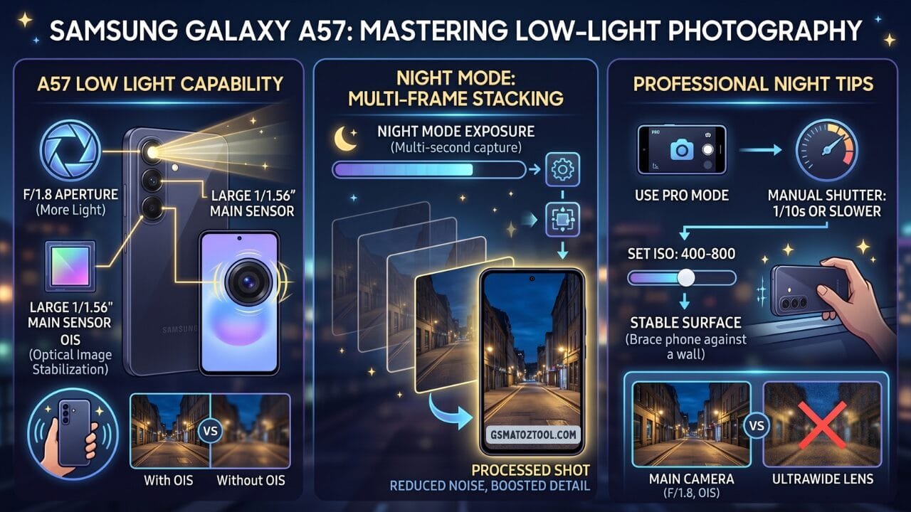 Samsung galaxy a57 review worth the price or just overhyped? 12 Samsung galaxy a57 low-light photography infographic showing f/1. 8 aperture and 1/1. 56-inch main sensor with ois advantage night mode multi-frame stacking process producing reduced noise and boosted detail and professional tips including pro mode manual shutter at 1/10s or slower iso 400 to 800 stable surface bracing and main camera recommended over ultrawide lens in low light