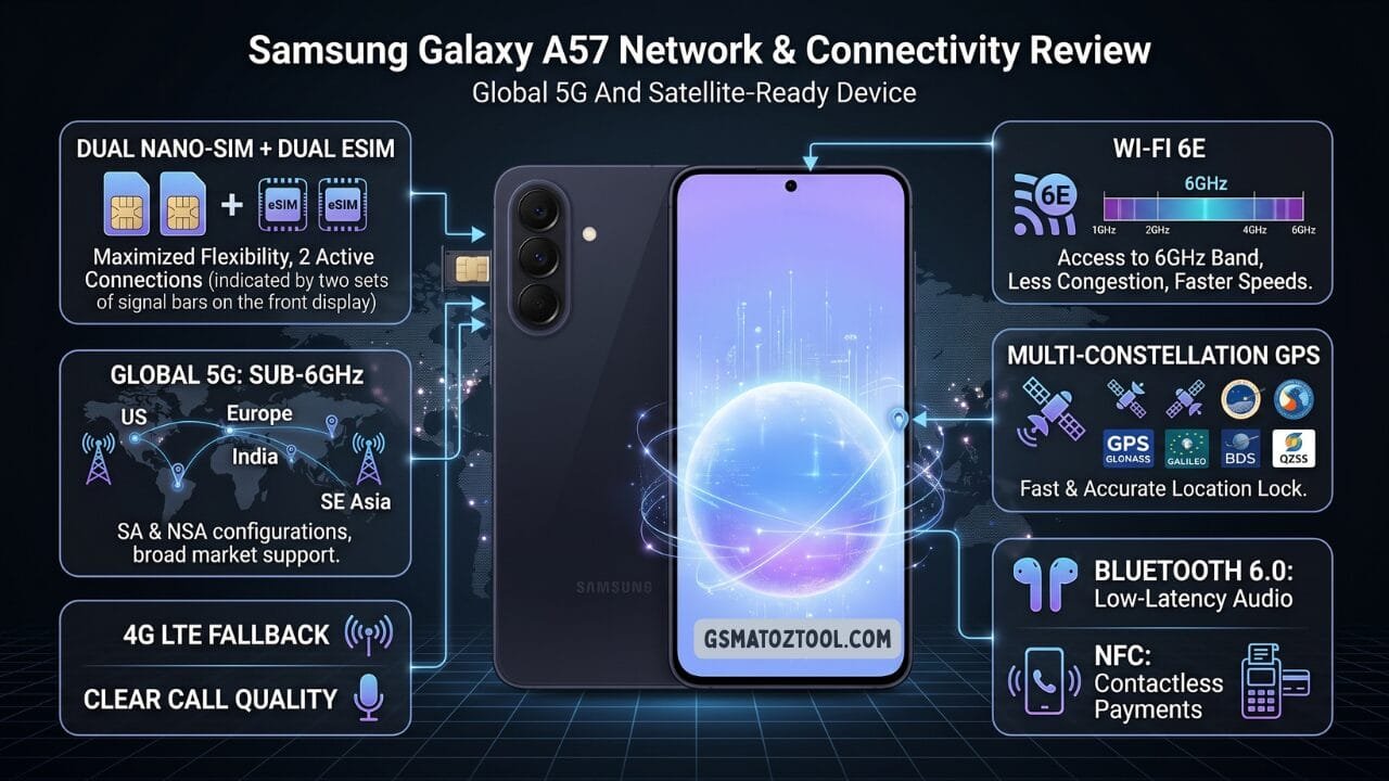 Samsung galaxy a57 review worth the price or just overhyped? 18 Samsung galaxy a57 network and connectivity review infographic showing dual nano-sim plus dual esim with two active connections global 5g sub-6ghz support across us europe india and southeast asia in sa and nsa configurations wi-fi 6e with 6ghz band access multi-constellation gps covering gps glonass galileo bds and qzss bluetooth 6. 0 for low-latency audio nfc for contactless payments and 4g lte fallback with clear call quality