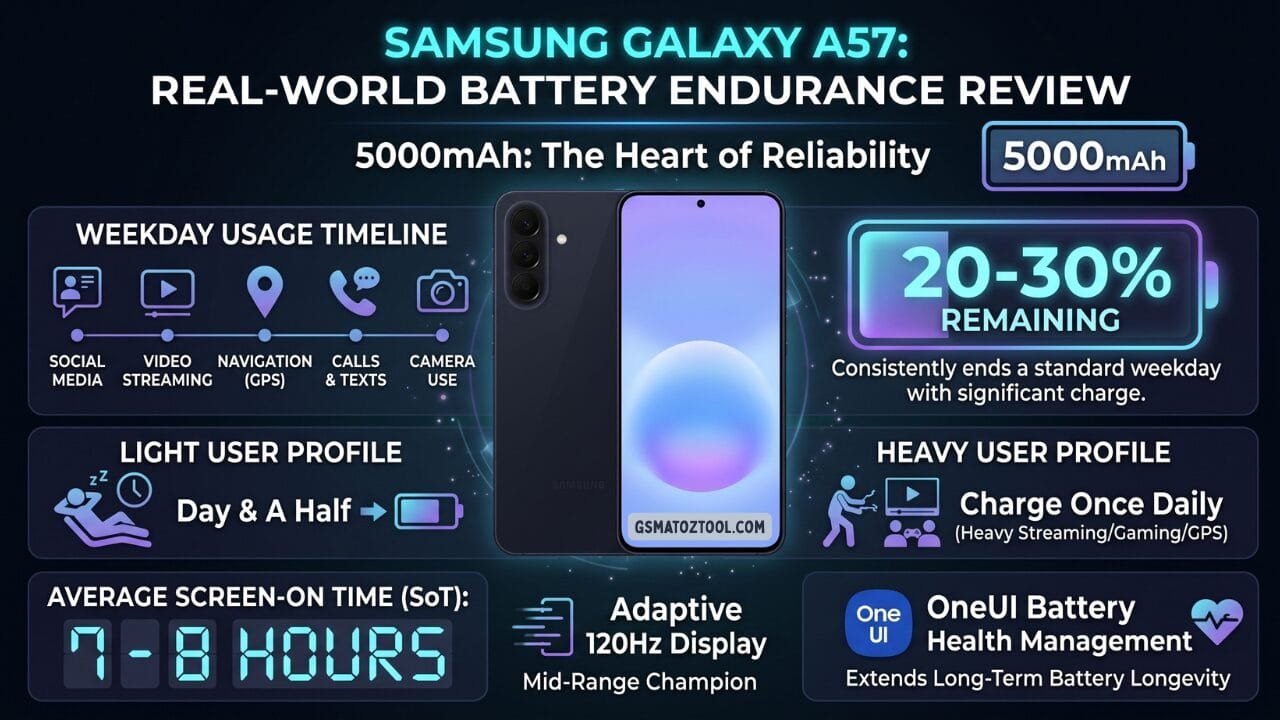 Samsung galaxy a57 review worth the price or just overhyped? 15 Samsung galaxy a57 real-world battery endurance review infographic showing 5000mah capacity ending a standard weekday with 20 to 30 percent remaining 7 to 8 hours average screen-on time day and a half for light users once daily charging for heavy users doing streaming gaming and gps adaptive 120hz display efficiency and oneui battery health management for long-term longevity