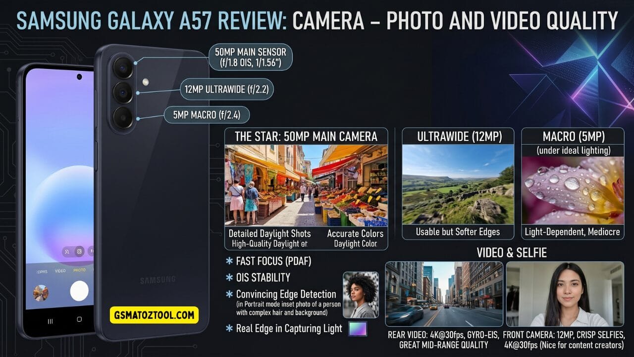 Samsung galaxy a57 review worth the price or just overhyped? 6 Samsung galaxy a57 review camera infographic showing 50mp f/1. 8 ois main sensor, 12mp f/2. 2 ultrawide, and 5mp f/2. 4 macro lens with sample photos, portrait mode edge detection, 4k rear video with gyro-eis, and 12mp front camera for selfies and content creation