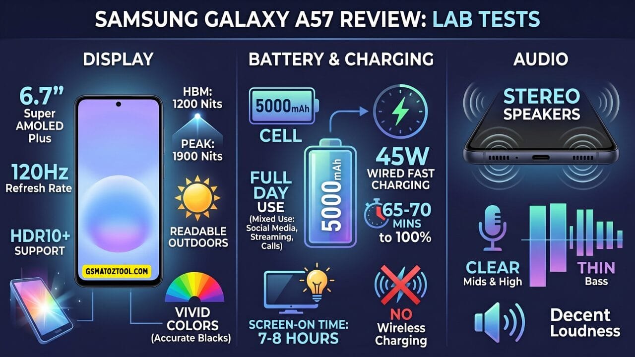 Samsung galaxy a57 review worth the price or just overhyped? 4 Samsung galaxy a57 review lab test infographic showing display specs of 6. 7-inch super amoled plus at 120hz and 1900 nits peak brightness 5000mah battery with 45w wired charging in 65–70 minutes 7–8 hours screen-on time no wireless charging and stereo speakers with clear mids but thin bass