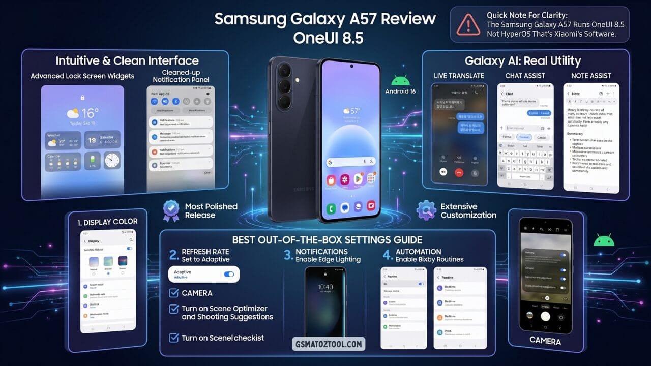Samsung galaxy a57 review worth the price or just overhyped? 14 Samsung galaxy a57 review oneui 8. 5 software infographic showing android 16 interface with advanced lock screen widgets cleaned-up notification panel galaxy ai features including live translate chat assist and note assist and a four-step best settings guide covering display color adaptive refresh rate edge lighting notifications and bixby routines automation with camera scene optimizer tips