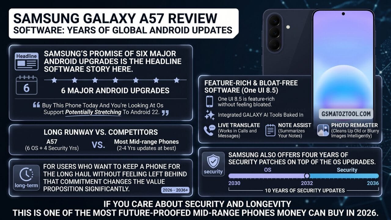 Samsung galaxy a57 review worth the price or just overhyped? 19 Samsung galaxy a57 review software infographic showing six major android upgrades with os support potentially stretching to android 22 comparison against mid-range rivals offering only two to four years of updates oneui 8. 5 feature-rich and bloat-free with galaxy ai tools including live translate note assist and photo remaster four years of security patches on top of os upgrades totaling ten years of security updates from 2026 to 2036 making it one of the most future-proofed mid-range phones of 2026