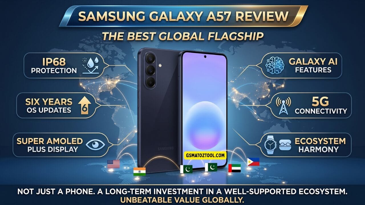 Samsung galaxy a57 review worth the price or just overhyped? 7 Samsung galaxy a57 review global flagship infographic highlighting ip68 protection six years of os updates super amoled plus display galaxy ai features 5g connectivity and ecosystem harmony with country flags representing the us india pakistan uae and philippines markets