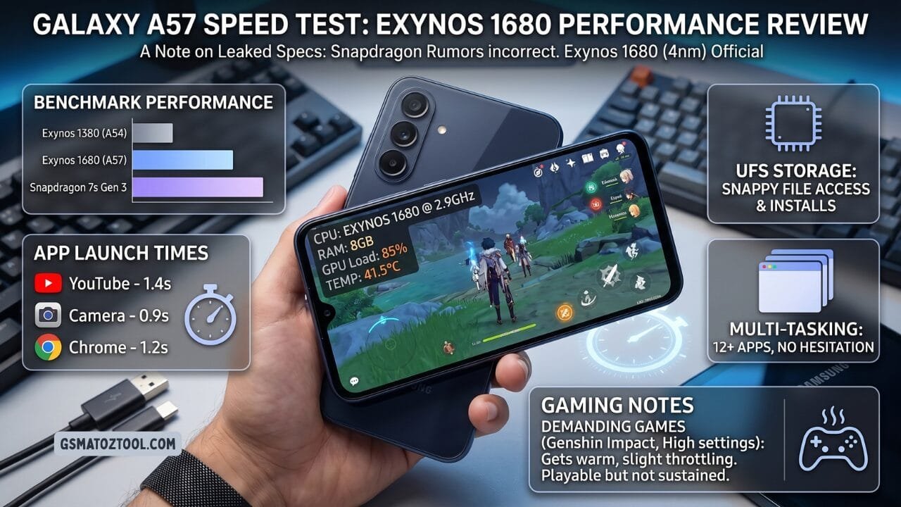 Samsung galaxy a57 review worth the price or just overhyped? 10 Samsung galaxy a57 exynos 1680 speed test infographic showing benchmark comparison against exynos 1380 and snapdragon 7s gen 3 app launch times of youtube 1. 4s camera 0. 9s and chrome 1. 2s gpu load at 85% and temperature at 41. 5 degrees celsius during genshin impact gameplay ufs storage 12-plus app multitasking and gaming throttling notes