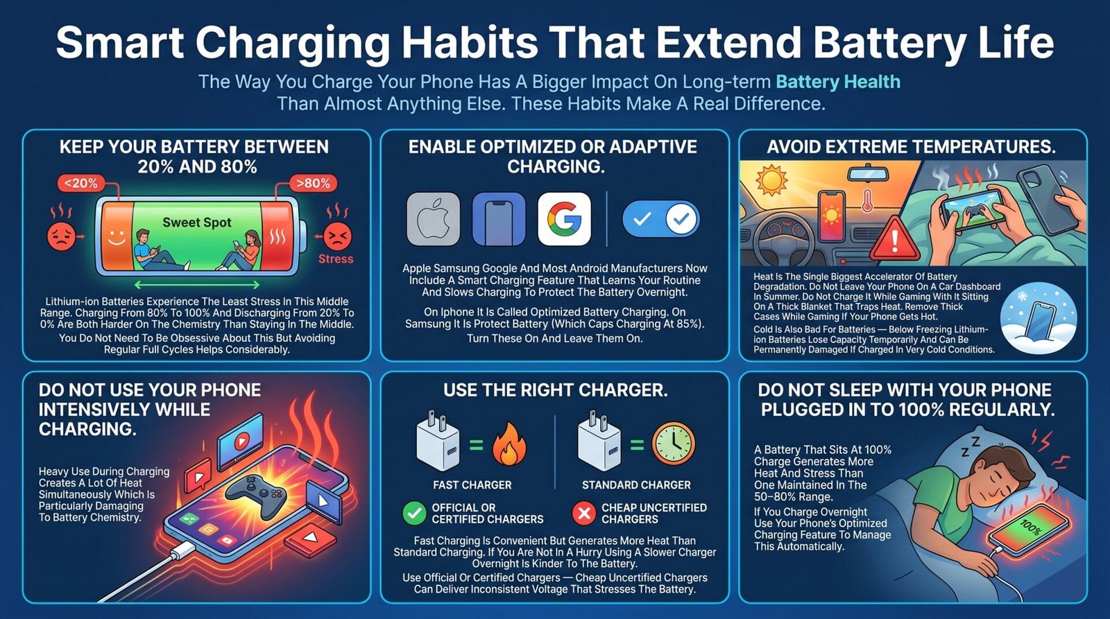How to check phone battery health (iphone & android) 9 Smart charging habits to extend phone battery life — six tips including keep battery between 20 and 80 percent enable optimized charging avoid extreme temperatures use right charger and avoid sleeping plugged in at 100 percent