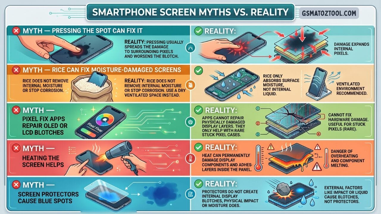 An infographic from gsmatoztool. Com debunking five common myths about smartphone screen damage covering pressing the spot using rice for moisture pixel fix apps heating the screen and screen protectors causing blue spots each paired with an illustrated reality check.