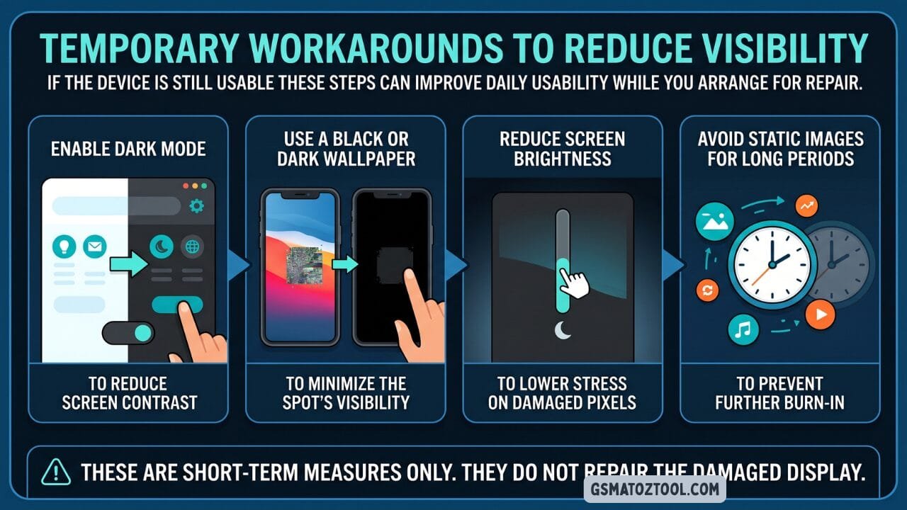 An infographic from gsmatoztool. Com listing four temporary workarounds to reduce blue spot visibility on a damaged phone screen: enabling dark mode using a black wallpaper reducing screen brightness and avoiding static images with a warning that these do not repair the display.
