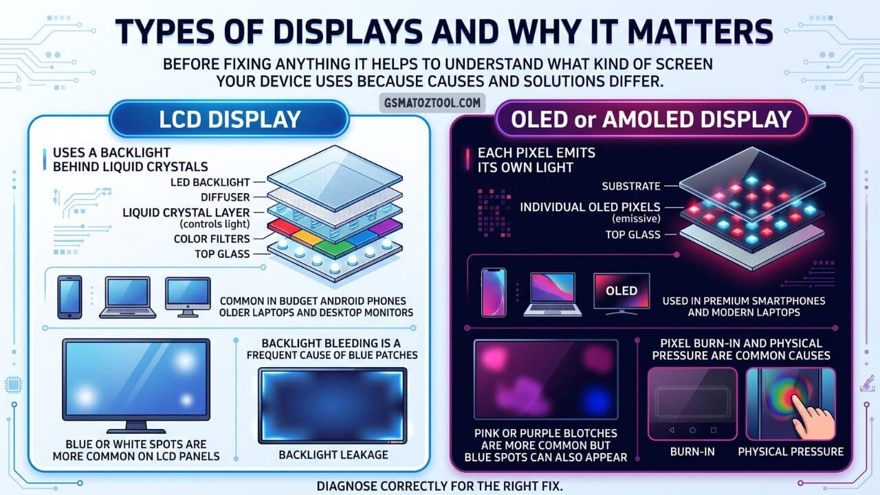 Lcd vs oled display types and causes of blue spots on screen comparison infographic