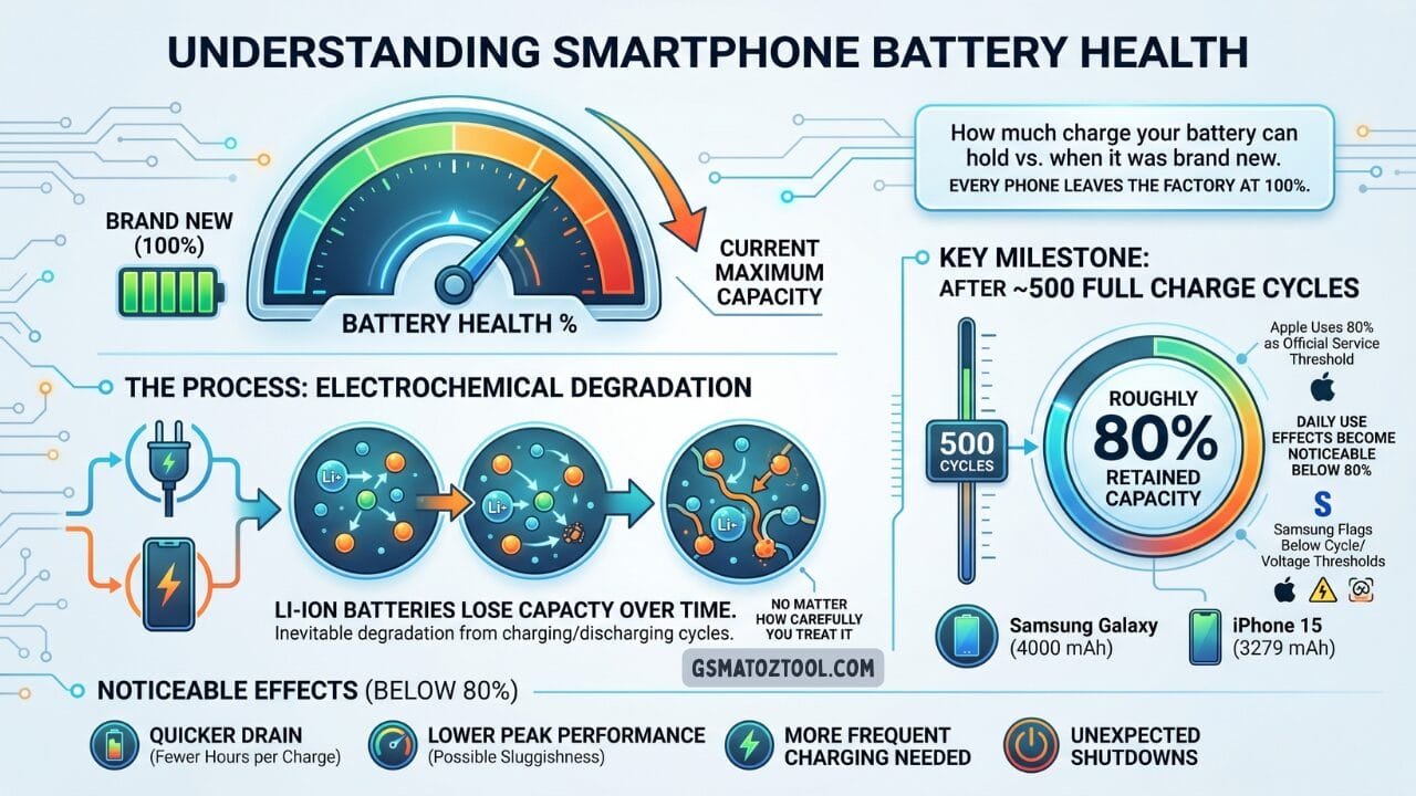 How to check phone battery health (iphone & android) 2 How to check phone battery health — infographic showing battery health percentage electrochemical degradation process and noticeable effects below 80% on iphone and samsung galaxy